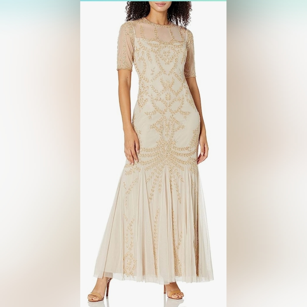 Adrianna Papell Elbow Sleeve Beaded Maxi Dress